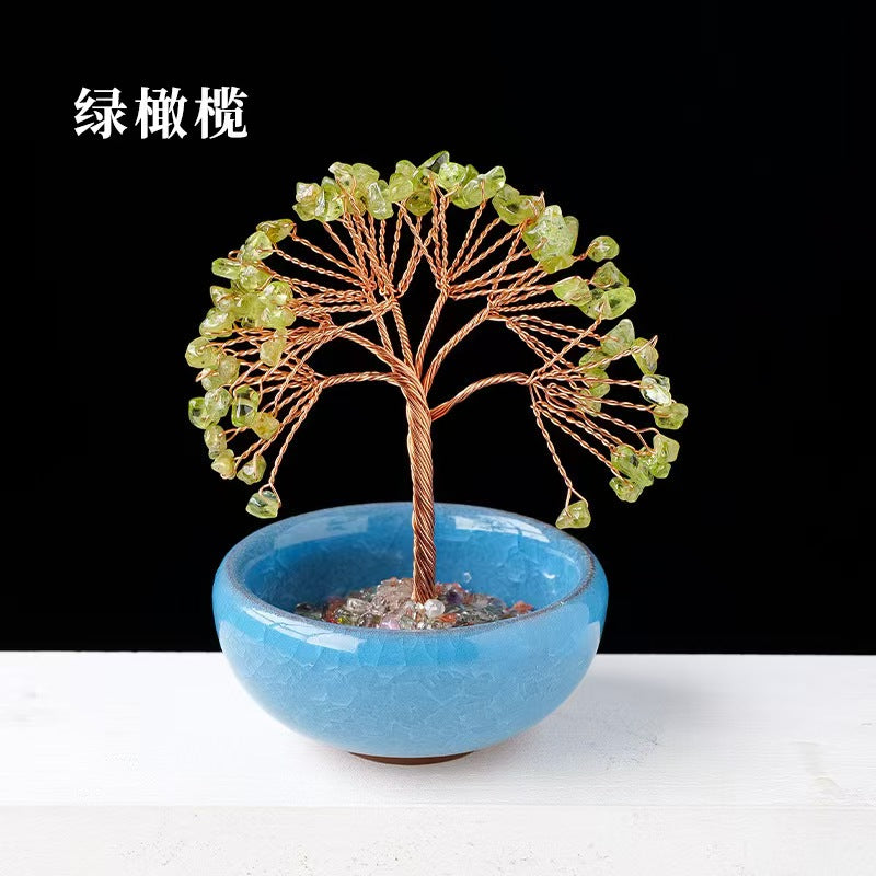 Raw Peridot Crystal Bonsai Tree with Ceramic Base | Chakra Balancing Decor