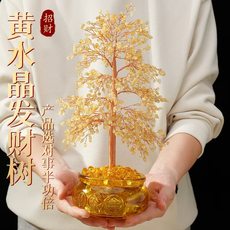 Natural Medium Citrine Crystal Money Tree with Feng Shui Glass Wealth Bowl